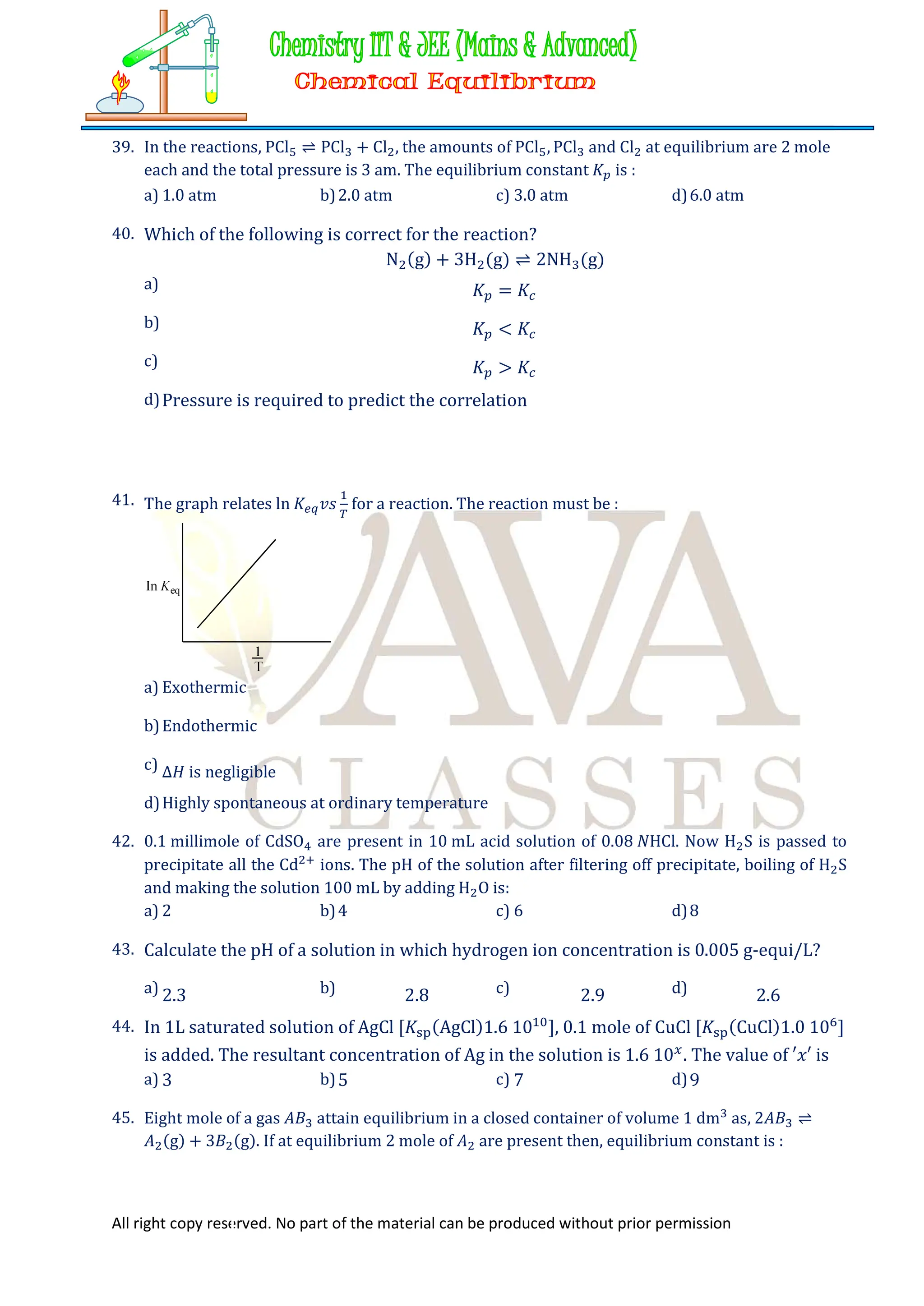 All right copy reserved. No part of the material can be produced without prior permission
39. In the reactions, PCl ⇌ PCl + Cl , the amounts of PCl , PCl and Cl at equilibrium are 2 mole
each and the total pressure is 3 am. The equilibrium constant 𝐾 is :
a) 1.0 atm b)2.0 atm c) 3.0 atm d)6.0 atm
40. Which of the following is correct for the reaction?
N (g) + 3H (g) ⇌ 2NH (g)
a) 𝐾 = 𝐾
b) 𝐾 < 𝐾
c) 𝐾 > 𝐾
d)Pressure is required to predict the correlation
41. The graph relates ln 𝐾 𝑣𝑠 for a reaction. The reaction must be :
a) Exothermic
b)Endothermic
c) ∆𝐻 is negligible
d)Highly spontaneous at ordinary temperature
42. 0.1 millimole of CdSO are present in 10 mL acid solution of 0.08 𝑁HCl. Now H S is passed to
precipitate all the Cd ions. The pH of the solution after filtering off precipitate, boiling of H S
and making the solution 100 mL by adding H O is:
a) 2 b)4 c) 6 d)8
43. Calculate the pH of a solution in which hydrogen ion concentration is 0.005 g-equi/L?
a) 2.3 b) 2.8 c) 2.9 d) 2.6
44. In 1L saturated solution of AgCl [𝐾 (AgCl)1.6 10 ], 0.1 mole of CuCl [𝐾 (CuCl)1.0 10 ]
is added. The resultant concentration of Ag in the solution is 1.6 10 . The value of ′𝑥′ is
a) 3 b)5 c) 7 d)9
45. Eight mole of a gas 𝐴𝐵 attain equilibrium in a closed container of volume 1 dm as, 2𝐴𝐵 ⇌
𝐴 (g) + 3𝐵 (g). If at equilibrium 2 mole of 𝐴 are present then, equilibrium constant is :
 