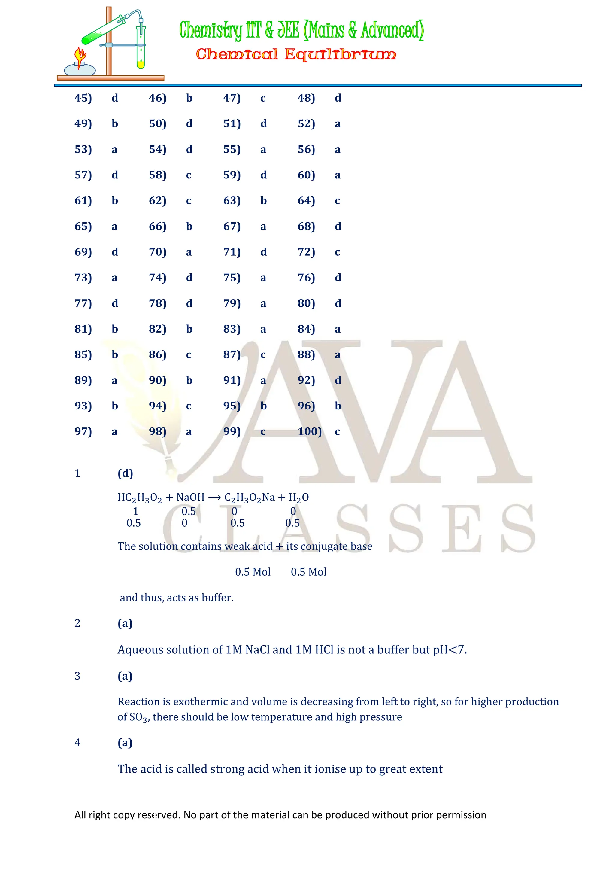 All right copy reserved. No part of the material can be produced without prior permission
45) d 46) b 47) c 48) d
49) b 50) d 51) d 52) a
53) a 54) d 55) a 56) a
57) d 58) c 59) d 60) a
61) b 62) c 63) b 64) c
65) a 66) b 67) a 68) d
69) d 70) a 71) d 72) c
73) a 74) d 75) a 76) d
77) d 78) d 79) a 80) d
81) b 82) b 83) a 84) a
85) b 86) c 87) c 88) a
89) a 90) b 91) a 92) d
93) b 94) c 95) b 96) b
97) a 98) a 99) c 100) c
1 (d)
HC H O + NaOH ⟶ C H O Na + H O
1 0.5 0 0
0.5 0 0.5 0.5
The solution contains weak acid + its conjugate base
0.5 Mol 0.5 Mol
and thus, acts as buffer.
2 (a)
Aqueous solution of 1M NaCl and 1M HCl is not a buffer but pH<7.
3 (a)
Reaction is exothermic and volume is decreasing from left to right, so for higher production
of SO , there should be low temperature and high pressure
4 (a)
The acid is called strong acid when it ionise up to great extent
 
