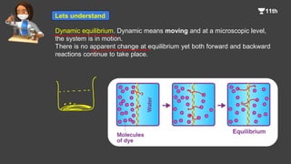 Dynamic equilibrium. Dynamic means moving and at a microscopic level,
the system is in motion.
There is no apparent change at equilibrium yet both forward and backward
reactions continue to take place.
Lets understand
 