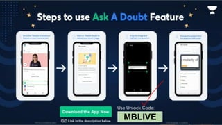 Unacademy Ask a Doubt
Ask unlimited doubts Ask doubts at
any time
Get high-quality video
solutions in English
& Hindi
Receive exact matches
for questions
Obtain instant and
accurate solutions to
lakhs of questions
Get assistance with
homework
MBLIVE
 