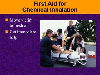 First Aid for
Chemical Inhalation
 Move victim
to fresh air
 Get immediate
help
 