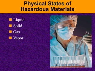 Physical States of
Hazardous Materials
 Liquid
 Solid
 Gas
 Vapor
 