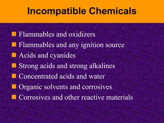 Incompatible Chemicals
 Flammables and oxidizers
 Flammables and any ignition source
 Acids and cyanides
 Strong acids and strong alkalines
 Concentrated acids and water
 Organic solvents and corrosives
 Corrosives and other reactive materials
 
