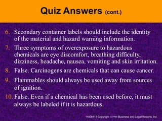 Quiz Answers (cont.)
6. Secondary container labels should include the identity
of the material and hazard warning informat...