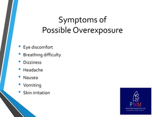 Symptoms of
Possible Overexposure
• Eye discomfort
• Breathing difficulty
• Dizziness
• Headache
• Nausea
• Vomiting
• Skin irritation
 