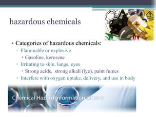 hazardous chemicals
• Categories of hazardous chemicals:
▫ Flammable or explosive
 Gasoline, kerosene
▫ Irritating to skin, lungs, eyes
 Strong acids, strong alkali (lye), paint fumes
▫ Interfere with oxygen uptake, delivery, and use in body
 Carbon monoxide, Hydrogen sulfide, cyanide

 