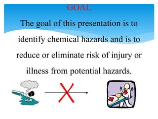 GOAL
The goal of this presentation is to
identify chemical hazards and is to
reduce or eliminate risk of injury or
illness from potential hazards.
 