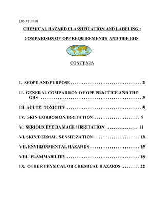DRAFT 7/7/04
CHEMICAL HAZARD CLASSIFICATION AND LABELING :
COMPARISON OF OPP REQUIREMENTS AND THE GHS
CONTENTS
I. SCOPE AND PURPOSE . . . . . . . . . . . . . . . . . . . . . . . . . . . . . . . . . 2 

II. 	GENERAL COMPARISON OF OPP PRACTICE AND THE

GHS . . . . . . . . . . . . . . . . . . . . . . . . . . . . . . . . . . . . . . . . . . . . . . . 3 

III. ACUTE TOXICITY . . . . . . . . . . . . . . . . . . . . . . . . . . . . . . . . . . . 5 

IV. SKIN CORROSION/IRRITATION . . . . . . . . . . . . . . . . . . . . . 9 

V. SERIOUS EYE DAMAGE / IRRITATION . . . . . . . . . . . . . . 11 

VI. SKIN/DERMAL SENSITIZATION . . . . . . . . . . . . . . . . . . . . . 13 

VII. ENVIRONMENTAL HAZARDS . . . . . . . . . . . . . . . . . . . . . . . 15 

VIII. FLAMMABILITY . . . . . . . . . . . . . . . . . . . . . . . . . . . . . . . . . . 18 

IX. OTHER PHYSICAL OR CHEMICAL HAZARDS . . . . . . . . 22 

 