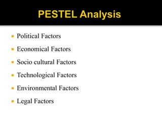  Political Factors
 Economical Factors
 Socio cultural Factors
 Technological Factors
 Environmental Factors
 Legal Factors
 
