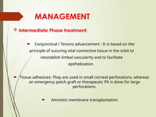 MANAGEMENT
 Intermediate Phase treatment:
 Conjunctival / Tenons advancement : It is based on the
principle of suturing vital connective tissue in the orbit to
reestablish limbal vascularity and to facilitate
epithelization.
 Tissue adhesives: They are used in small corneal perforations, whereas
an emergency patch graft or therapeutic PK is done for large
perforations.
 Amniotic membrane transplantation
 