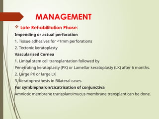 MANAGEMENT
 Late Rehabilitation Phase:
Impending or actual perforation
1. Tissue adhesives for <1mm perforations
2. Tectonic keratoplasty
Vascularised Cornea
1. Limbal stem cell transplantation followed by
Penetrating keratoplasty (PK) or Lamellar keratoplasty (LK) after 6 months.
2. Large PK or large LK
3. Keratoprosthesis in Bilateral cases.
For symblepharon/cicatrisation of conjunctiva
Amniotic membrane transplant/mucus membrane transplant can be done.
 