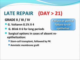 LATE REPAIR (DAY > 21)
GRADE II / III / IVGRADE II / III / IV
G. Voltaren 0.1% X 4
 G. Blink X 6 for long periods
 Surgical options in cases of absent re-
epithelization:
Stem-cell transplant, followed by PK
Amniotic membrane graft
Failure or partialFailure or partial
failure to re-failure to re-
epitheliseepithelise
 