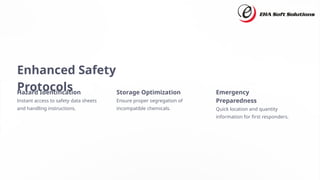 Enhanced Safety
Protocols
Hazard Identification
Instant access to safety data sheets
and handling instructions.
Storage Optimization
Ensure proper segregation of
incompatible chemicals.
Emergency
Preparedness
Quick location and quantity
information for first responders.
 