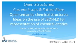 Open Structures:
Current Issues & Future Plans
Open semantic chemical structures:
Ideas on the use of JSON-LD for
representation of chemical entities
Stuart J. Chalk, Department of Chemistry
University of North Florida
schalk@unf.edu
CINF Paper 6 – August 20, 2017
 