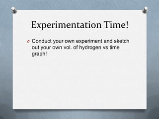 Experimentation Time!
O Conduct your own experiment and sketch

out your own vol. of hydrogen vs time
graph!

 