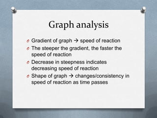 Graph analysis
O Gradient of graph  speed of reaction
O The steeper the gradient, the faster the

speed of reaction
O Decrease in steepness indicates
decreasing speed of reaction
O Shape of graph  changes/consistency in
speed of reaction as time passes

 