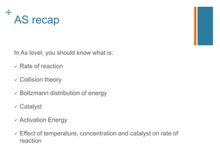 +
AS recap
In As level, you should know what is:
 Rate of reaction
 Collision theory
 Boltzmann distribution of energy
 Catalyst
 Activation Energy
 Effect of temperature, concentration and catalyst on rate of
reaction
 