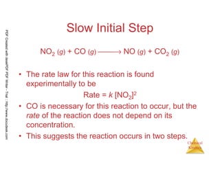 105
Chemical
Kinetics
Slow Initial Step
• The rate law for this reaction is found
experimentally to be
Rate = k [NO2]2
• CO is necessary for this reaction to occur, but the
rate of the reaction does not depend on its
concentration.
• This suggests the reaction occurs in two steps.
NO2 (g) + CO (g) → NO (g) + CO2 (g)
PDFCreatedwithdeskPDFPDFWriter-Trial::http://www.docudesk.com
 