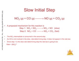 106
Chemical
Kinetics
Slow Initial Step
• A proposed mechanism for this reaction is
Step 1: NO2 + NO2 → NO3 + NO (slow)
Step 2: NO3 + CO → NO2 + CO2 (fast)
• The NO3 intermediate is consumed in the second step.
• As CO is not involved in the slow, rate-determining step, it does not appear in the rate law.
• Since step 1 is the slow rate determining step the rate law is going to be
Rate = [NO2] 2
NO2 (g) + CO (g) → NO (g) + CO2 (g)
PDFCreatedwithdeskPDFPDFWriter-Trial::http://www.docudesk.com
 