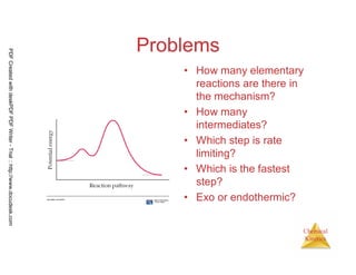 109
Chemical
Kinetics
Problems
• How many elementary
reactions are there in
the mechanism?
• How many
intermediates?
• Which step is rate
limiting?
• Which is the fastest
step?
• Exo or endothermic?
PDFCreatedwithdeskPDFPDFWriter-Trial::http://www.docudesk.com
 