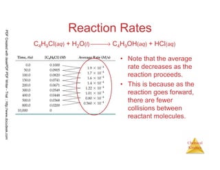 11
Chemical
Kinetics
Reaction Rates
• Note that the average
rate decreases as the
reaction proceeds.
• This is because as the
reaction goes forward,
there are fewer
collisions between
reactant molecules.
C4H9Cl(aq) + H2O(l) → C4H9OH(aq) + HCl(aq)
PDFCreatedwithdeskPDFPDFWriter-Trial::http://www.docudesk.com
 