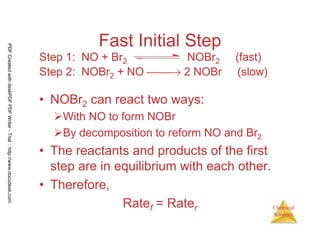 112
Chemical
Kinetics
Fast Initial Step
• NOBr2 can react two ways:
With NO to form NOBr
By decomposition to reform NO and Br2
• The reactants and products of the first
step are in equilibrium with each other.
• Therefore,
Ratef = Rater
Step 1: NO + Br2 NOBr2 (fast)
Step 2: NOBr2 + NO → 2 NOBr (slow)
PDFCreatedwithdeskPDFPDFWriter-Trial::http://www.docudesk.com
 