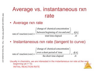 15
Chemical
Kinetics
Average vs. instantaneous rxn
rate
• Average rxn rate
• Instantaneous rxn rate (tangent to curve)
Usually in chemistry, we are interested in the instantaneous rxn rate at the very
beginning (at t = 0)
INITIAL REACTION RATE
∆t
∆
rate
]A[
elapsedtimetotal
endandrxnofbeginningbetween
ionconcentratchemicalofchange
)(reactionofrate =






=
∆t
∆
rate
]A[
elapsedshort timethe
timeofperiodshortaover
ionconcentratchemicalofchange
)(reactionofrate =






=
PDFCreatedwithdeskPDFPDFWriter-Trial::http://www.docudesk.com
 