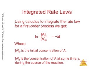 58
Chemical
Kinetics
Integrated Rate Laws
Using calculus to integrate the rate law
for a first-order process we get:
ln
[A]t
[A]0
= −kt
Where
[A]0 is the initial concentration of A.
[A]t is the concentration of A at some time, t,
during the course of the reaction.
PDFCreatedwithdeskPDFPDFWriter-Trial::http://www.docudesk.com
 
