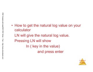 67
Chemical
Kinetics
• How to get the natural log value on your
calculator
LN will give the natural log value.
Pressing LN will show
In ( key in the value)
and press enter
PDFCreatedwithdeskPDFPDFWriter-Trial::http://www.docudesk.com
 