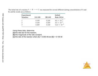 68
Chemical
Kinetics
The initial rate of a reaction was measured for several different starting concentrations of A and
B, and the results are as follows:
Using these data, determine
(a) the rate law for the reaction,
(b) the magnitude of the rate constant,
(c) the rate of the reaction when [A] = 0.050 M and [B] = 0.100 M.
PDFCreatedwithdeskPDFPDFWriter-Trial::http://www.docudesk.com
 