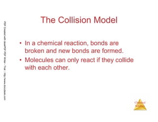 81
Chemical
Kinetics
The Collision Model
• In a chemical reaction, bonds are
broken and new bonds are formed.
• Molecules can only react if they collide
with each other.
PDFCreatedwithdeskPDFPDFWriter-Trial::http://www.docudesk.com
 