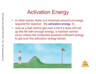 83
Chemical
Kinetics
Activation Energy
• In other words, there is a minimum amount of energy
required for reaction: the activation energy, Ea.
• Just as a ball cannot get over a hill if it does not roll
up the hill with enough energy, a reaction cannot
occur unless the molecules possess sufficient energy
to get over the activation energy barrier.
PDFCreatedwithdeskPDFPDFWriter-Trial::http://www.docudesk.com
 