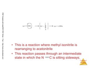 84
Chemical
Kinetics
H3C N H3C
C
N
H3C C NC-
• This is a reaction where methyl isonitrile is
rearranging to acetonitrile
• This reaction passes through an intermediate
state in which the N C is sitting sideways.
PDFCreatedwithdeskPDFPDFWriter-Trial::http://www.docudesk.com
 