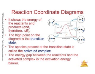 86
Chemical
Kinetics
Reaction Coordinate Diagrams
• It shows the energy of
the reactants and
products (and,
therefore, ∆E).
• The high point on the
diagram is the transition
state.
• The species present at the transition state is
called the activated complex.
• The energy gap between the reactants and the
activated complex is the activation energy
barrier.
PDFCreatedwithdeskPDFPDFWriter-Trial::http://www.docudesk.com
 