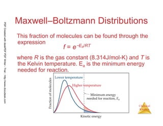 90
Chemical
Kinetics
Maxwell–Boltzmann Distributions
This fraction of molecules can be found through the
expression
where R is the gas constant (8.314J/mol-K) and T is
the Kelvin temperature. Ea is the minimum energy
needed for reaction.
f = e−Ea/RT
PDFCreatedwithdeskPDFPDFWriter-Trial::http://www.docudesk.com
 