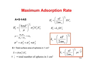 Maximum Adsorption Rate
112
2
1
1 8
SASE NN
T
R 









S
AS
AS
m
mm
mm



2222
SAS  
S = Total surface area of spheres in 1 cm3
12
)4( SS NrS 
= total number of spheres in 1 cm31
SN
1
2
1
1
2
A
A
S SN
m
T
R 








11
ASS SNkR 
2
1
2 






A
s
m
T
k


T
A
s pe
m
T
k 


 







2
1
2
113
A+SAS
 