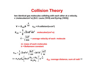 Collision Theory
RT
E
AAezv


22
AA ncd2
2
1
z 
m
T
dn2
m
T8
nd2
2
1
z 2222
AA





RT
E
BA
BA2
ABBA e
mm
mm
T8dnnv
2
1






 
 62
molecules/(cm3-s)
mπ
Tκ
c
8
 = average velocity of each molecule
m: mass of each molecules
k = Boltzmann constant
dAB: average distance, sum of radii
two identical gas molecules colliding with each other at a velocity,
v (molecules/cm3-s) [N.C. Leuis (1918) and Eyring (1935)]
zAA = # collision/(s-cm3)
 