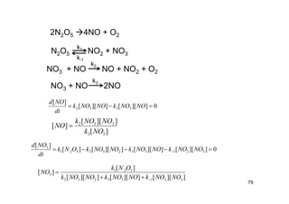 79
2N2O5 4NO + O2
N2O5 NO2 + NO3
k1
k-1
NO3 + NO NO + NO2 + O2
k2
NO3 + NO 2NO
k3
0]][[]][[
][
3332  NONOkNONOk
dt
NOd
][
]][[
][
33
232
NOk
NONOk
NO 
0]][[]][[]][[][
][
32133232521
3
  NONOkNONOkNONOkONk
dt
NOd
]][[]][[]][[
][
][
32133232
521
3
NONOkNONOkNONOk
ONk
NO


 