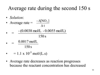 Average rate during the second 150 s
• Solution:
• Average rate =
• =
• =
• = 1.1 x 10-5
mol/(L.s)
• Average rate decreases as reaction progresses
because the reactant concentration has decreased
t
]
[NO
- 2


s
150
mol/L)
0.0055
-
mol/L
(0.0038
-
s
150
mol/L
0.0017
11
 