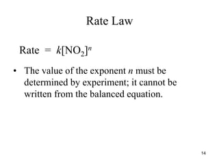 Rate Law
Rate = k[NO2]n
• The value of the exponent n must be
determined by experiment; it cannot be
written from the balanced equation.
14
 