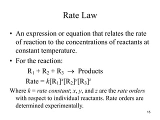 Rate Law
• An expression or equation that relates the rate
of reaction to the concentrations of reactants at
constant temperature.
• For the reaction:
R1 + R2 + R3  Products
Rate = k[R1]x
[R2]y
[R3]z
Where k = rate constant; x, y, and z are the rate orders
with respect to individual reactants. Rate orders are
determined experimentally.
15
 