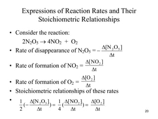 Expressions of Reaction Rates and Their
Stoichiometric Relationships
• Consider the reaction:
2N2O5  4NO2 + O2
• Rate of disappearance of N2O5 =
• Rate of formation of NO2 =
• Rate of formation of O2 =
• Stoichiometric relationships of these rates
•
t
]
NO
[ 2


t
]
[O2


t
]
O
[N 5
2



t
]
[O
)
t
]
NO
[
(
4
1
)
t
]
O
[N
(
2
1 2
2
5
2









20
 