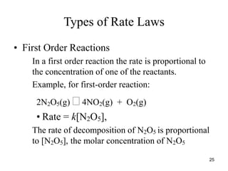 Types of Rate Laws
• First Order Reactions
In a first order reaction the rate is proportional to
the concentration of one of the reactants.
Example, for first-order reaction:
2N2O5(g)  4NO2(g) + O2(g)
• Rate = k[N2O5],
The rate of decomposition of N2O5 is proportional
to [N2O5], the molar concentration of N2O5
25
 