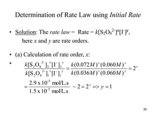 Determination of Rate Law using Initial Rate
• Solution: The rate law = Rate = k[S2O8
2-
]x
[I-
]y
,
here x and y are rate orders.
• (a) Calculation of rate order, x:
•
1
2
2
~
mol/L.s
10
x
1.5
mol/L.s
10
x
2.9
2
)
060
.
0
(
)
036
.
0
(
)
060
.
0
(
)
072
.
0
(
]
[I
]
O
[S
]
I
[
]
O
[S
5
-
5
-
1
-
1
-
2
8
2
3
-
2
-
2
8
2






y
M
M
k
M
M
k
k
k
x
x
y
x
y
x
y
x
y
x
30
 