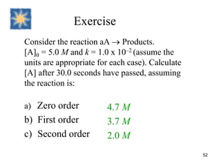 Exercise
Consider the reaction aA  Products.
[A]0 = 5.0 M and k = 1.0 x 10–2 (assume the
units are appropriate for each case). Calculate
[A] after 30.0 seconds have passed, assuming
the reaction is:
a) Zero order
b) First order
c) Second order
4.7 M
3.7 M
2.0 M
52
 