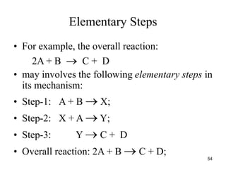 Elementary Steps
• For example, the overall reaction:
2A + B  C + D
• may involves the following elementary steps in
its mechanism:
• Step-1: A + B  X;
• Step-2: X + A  Y;
• Step-3: Y  C + D
• Overall reaction: 2A + B  C + D;
54
 