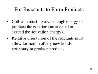 • Collision must involve enough energy to
produce the reaction (must equal or
exceed the activation energy).
• Relative orientation of the reactants must
allow formation of any new bonds
necessary to produce products.
For Reactants to Form Products
65
 
