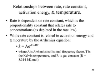 Relationships between rate, rate constant,
activation energy, & temperature.
• Rate is dependent on rate constant, which is the
proportionality constant that relates rate to
concentrations (as depicted in the rate law).
• While rate constant is related to activation energy and
temperature by the Arrhenius equation:
• k = Ae-Ea/RT
• where A is Arrhenius collisional frequency factor, T is
the Kelvin temperature, and R is gas constant (R =
8.314 J/K.mol)
71
 