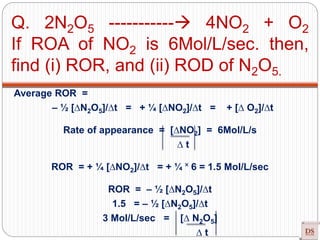 Average ROR =
– ½ [∆N2O5]/∆t = + ¼ [∆NO2]/∆t = + [∆ O2]/∆t
Rate of appearance = [∆NO2] = 6Mol/L/s
∆ t
ROR = + ¼ [∆NO2]/∆t = + ¼ ˟ 6 = 1.5 Mol/L/sec
ROR = – ½ [∆N2O5]/∆t
1.5 = – ½ [∆N2O5]/∆t
3 Mol/L/sec = [∆ N2O5]
∆ t
Q. 2N2O5 ----------- 4NO2 + O2
If ROA of NO2 is 6Mol/L/sec. then,
find (i) ROR, and (ii) ROD of N2O5.
 