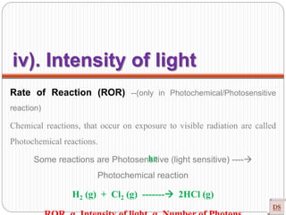 Rate of Reaction (ROR) --(only in Photochemical/Photosensitive
reaction)
Chemical reactions, that occur on exposure to visible radiation are called
Photochemical reactions.
Some reactions are Photosensitive (light sensitive) ----
Photochemical reaction
H2 (g) + Cl2 (g) ------- 2HCl (g)
iv). Intensity of light
hʋ
 